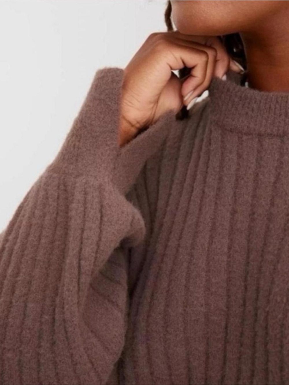 Aerie Buttercream Crew Sweater S/P Brown Oversized Plush Ribbed Balloon Sleeve - Picture 3 of 6